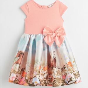 H&M horse floral bow detail flared dress sz 6X/7
